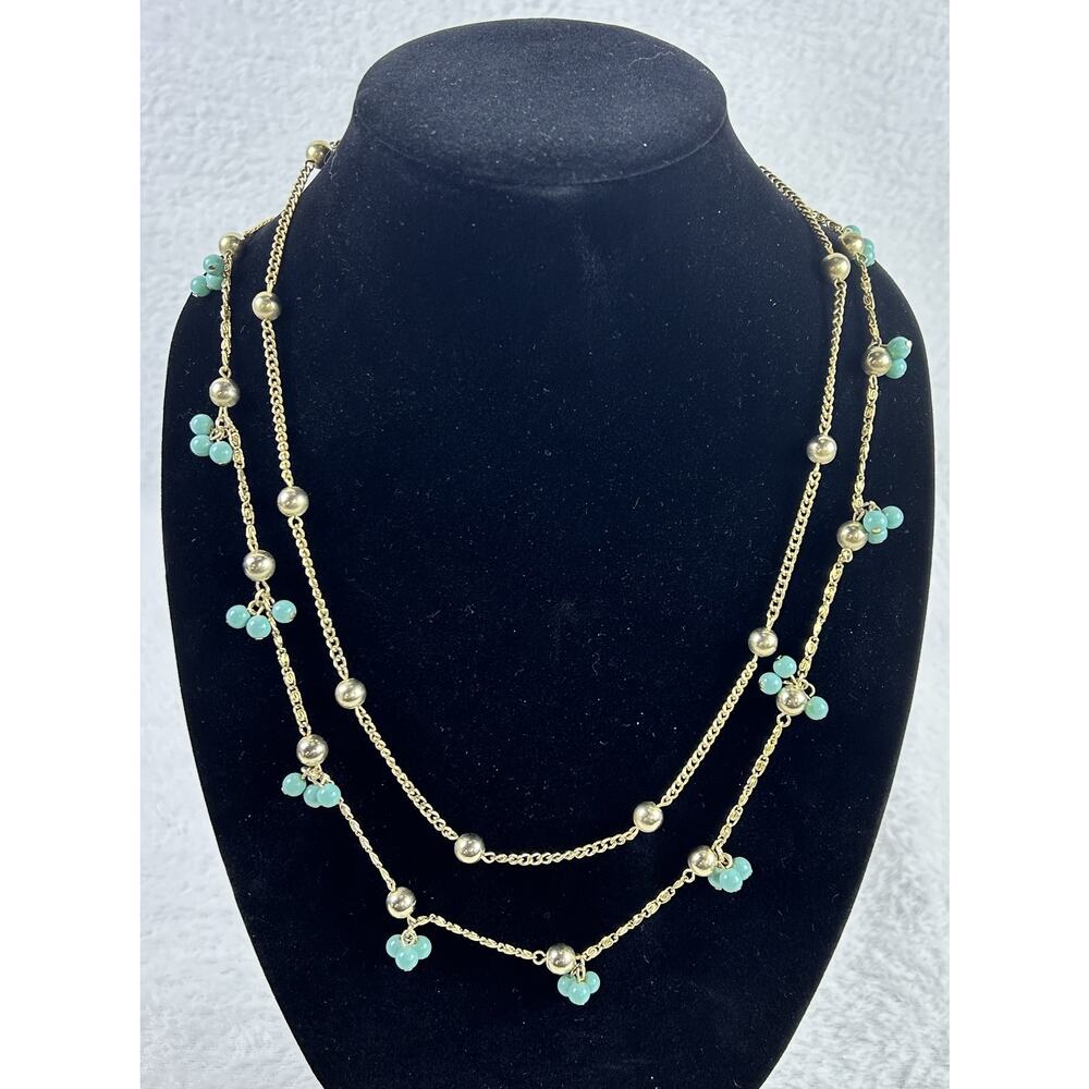 Fashion Gold Tone Chain Necklace with Teal Turquoise Beaded Clusters 24"